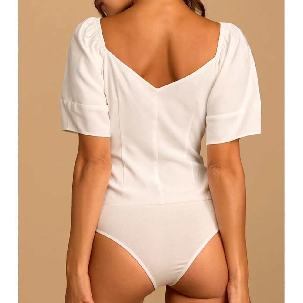 Lulus Impress Me Half Puff Short Sleeve Button Up Bodysuit White Top Womens M